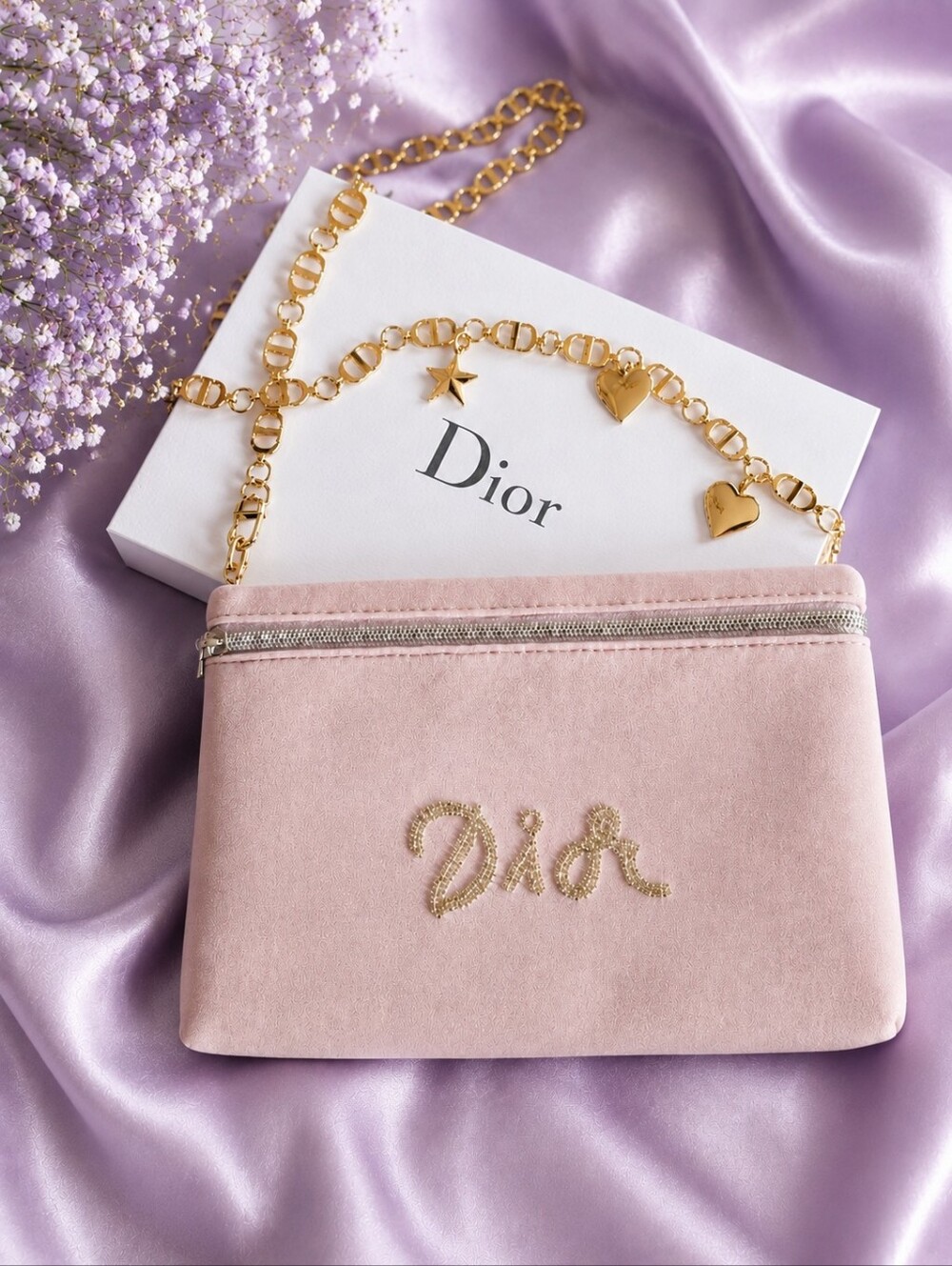 Dior Pink Cosmetic Clutch Crossbody Bag NEW With Logo Chain GWP
